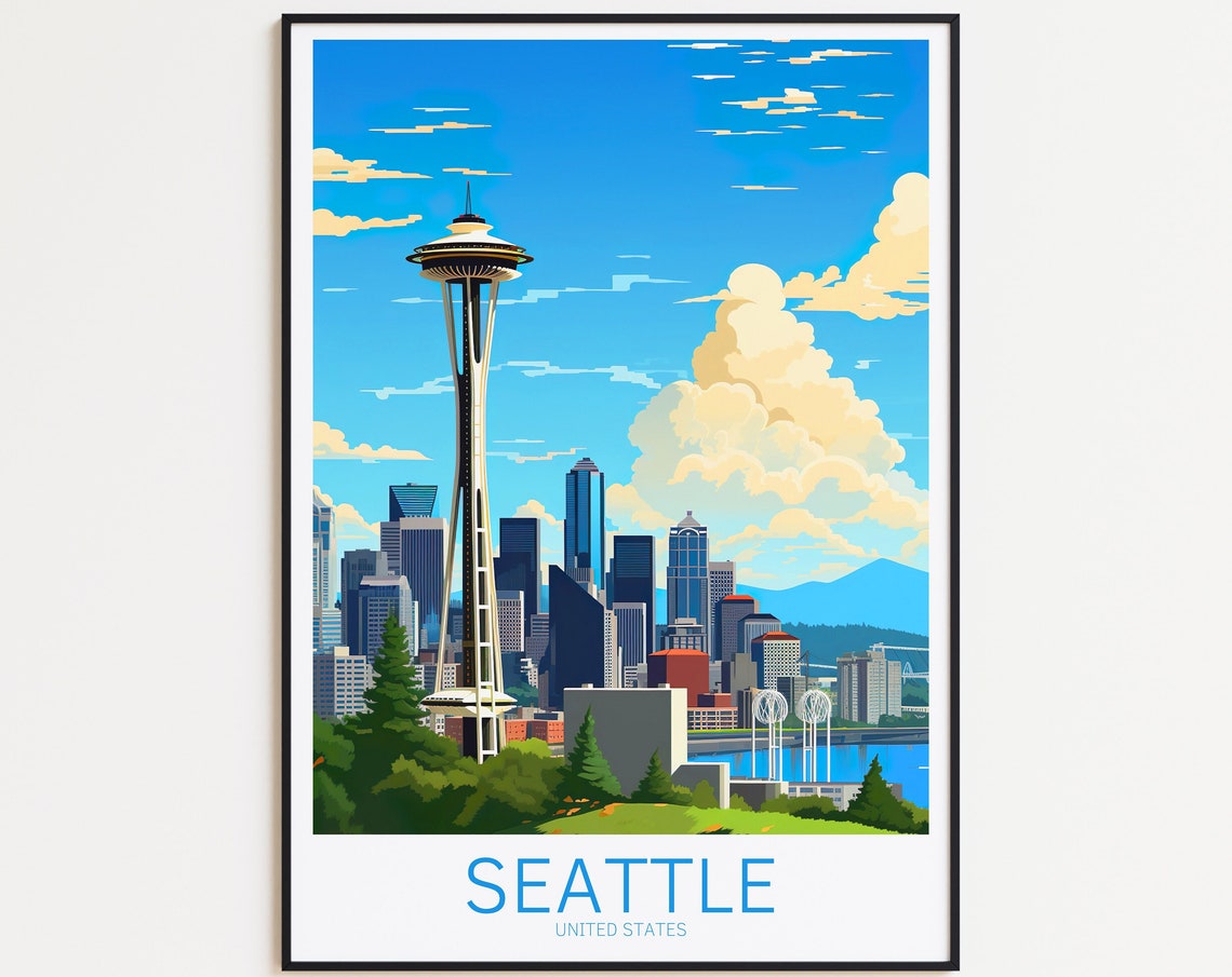 Seattle Space Needle Downtown Skyline Waterfront Vintage Travel Poster