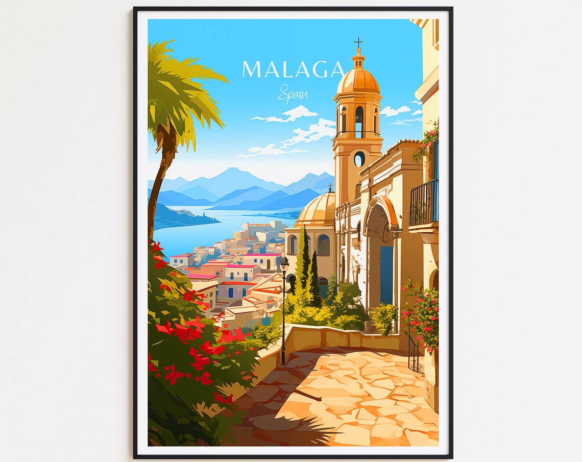 Malaga Spain Travel Poster Harbor View Church Tower Flower Terrace