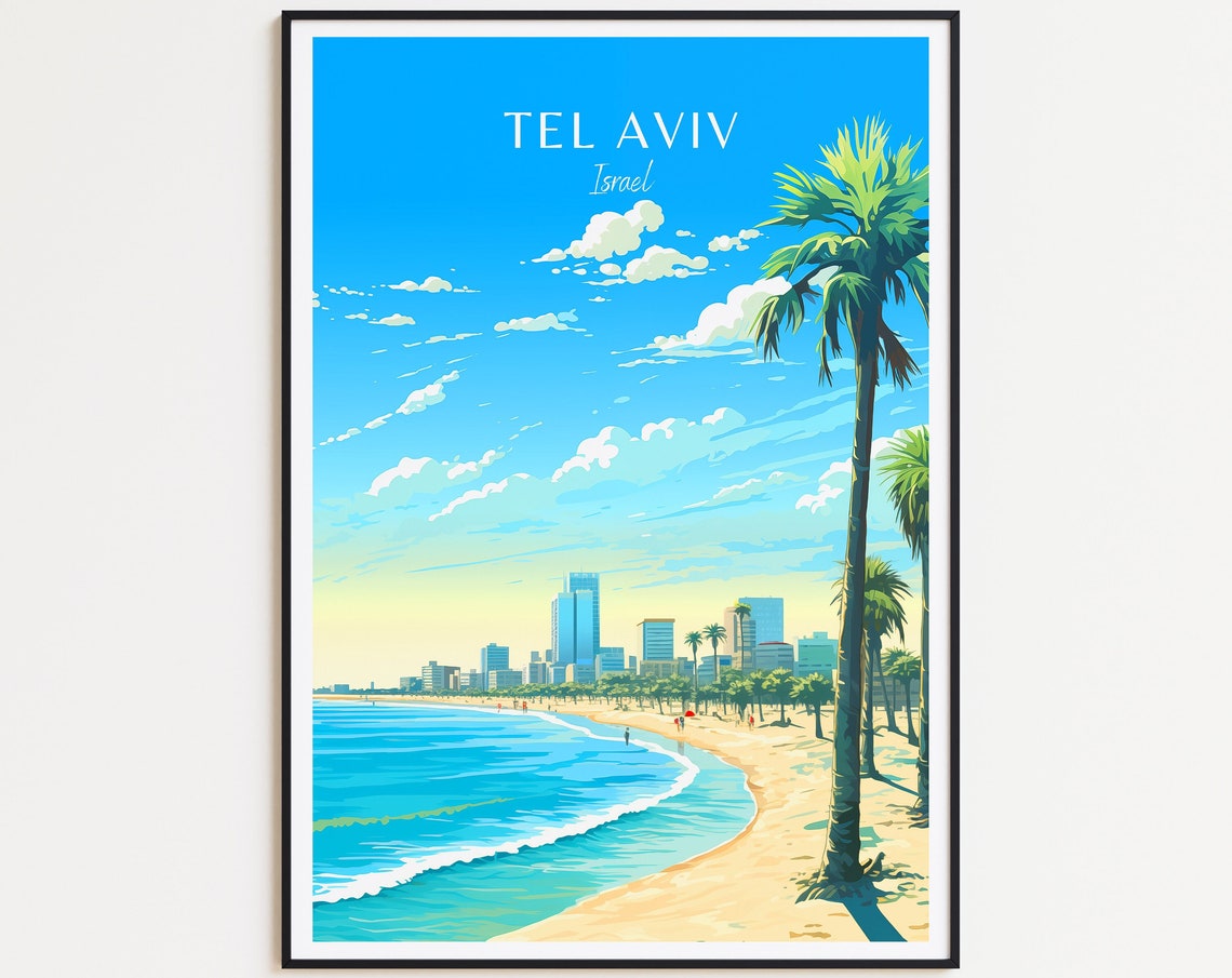 Tel Aviv Israel Mediterranean Beach Skyline Palm Tree Sunset Poster