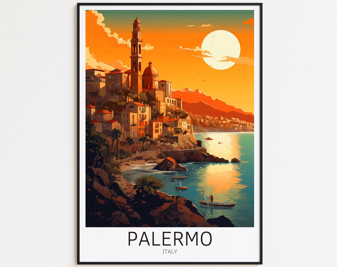 Palermo Italy Sunset Hilltop Church Overlooking Blue Sea Poster