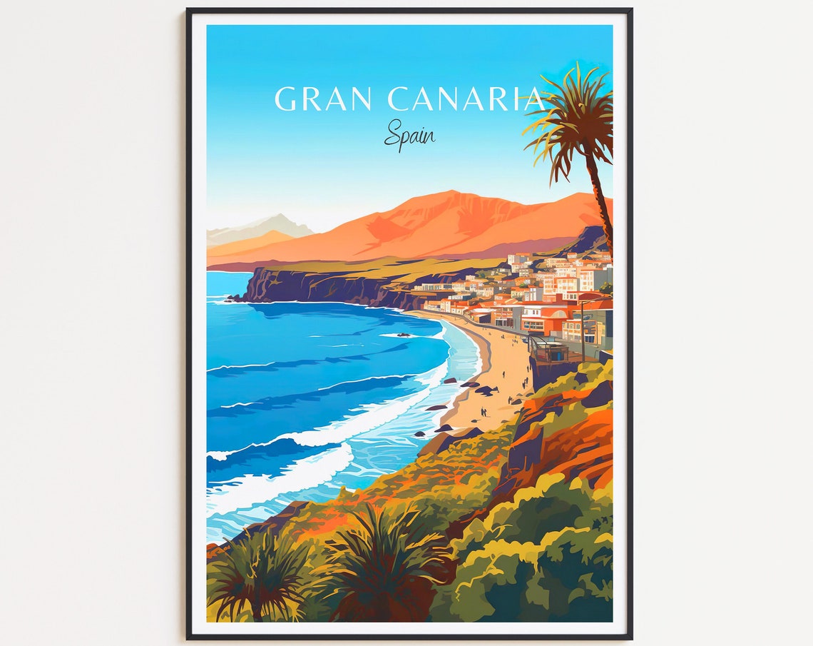 Gran Canaria Spain Dramatic Cliff Coast Beach Town Travel Poster