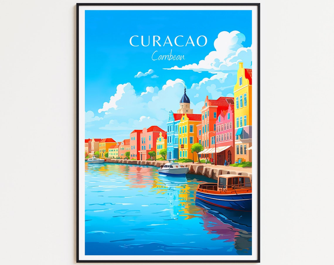 Curacao Caribbean Colorful Waterfront Boats Harbor View Poster