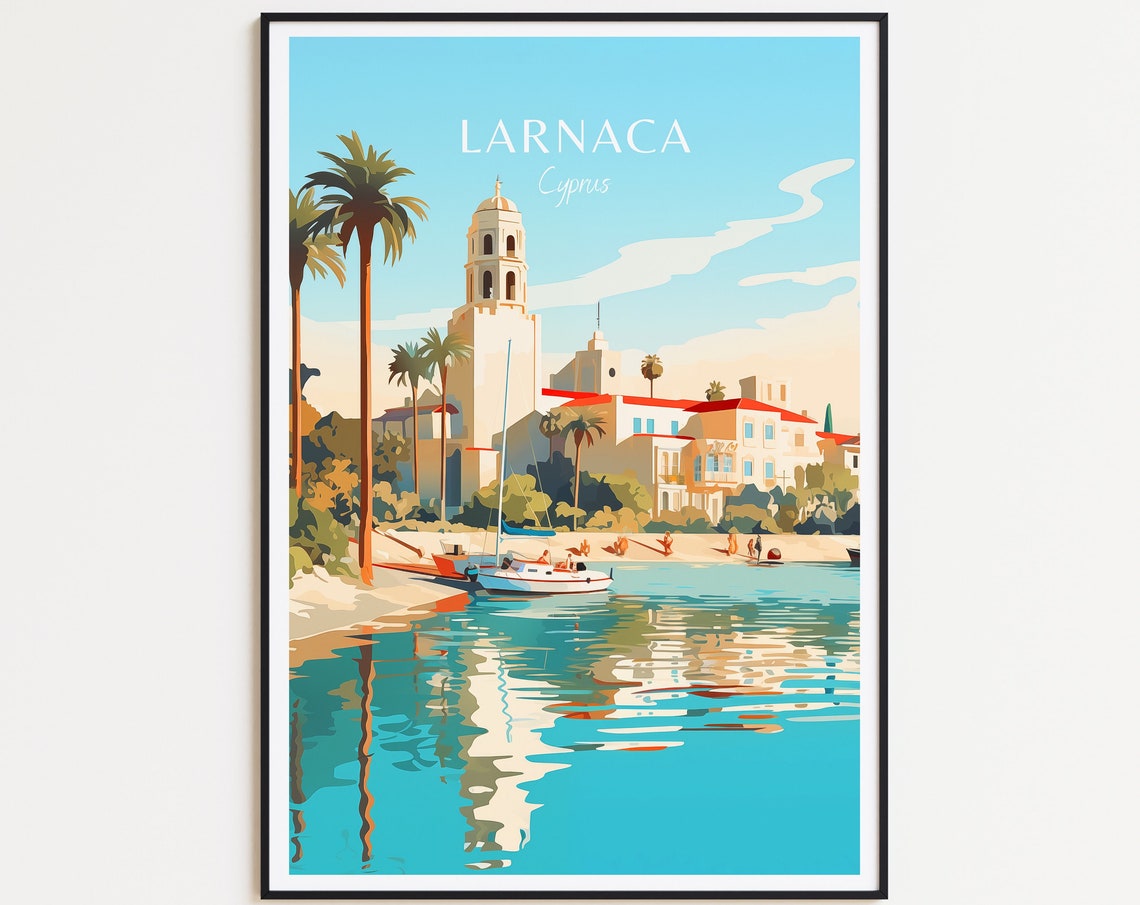 Larnaca Cyprus Church Bell Tower Lagoon Boats Palm Trees Poster