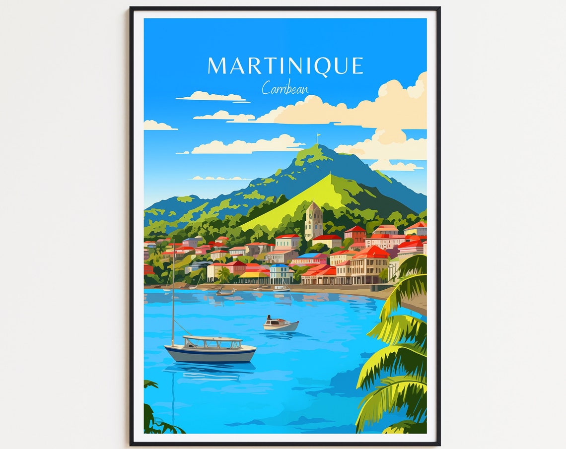 Martinique Caribbean Harbor Sailboats Green Mountain Travel Poster