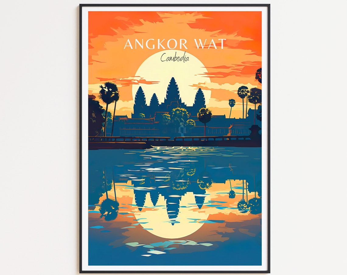 Angkor Wat Cambodia Temple Sunset Reflection Ancient Ruins Poster