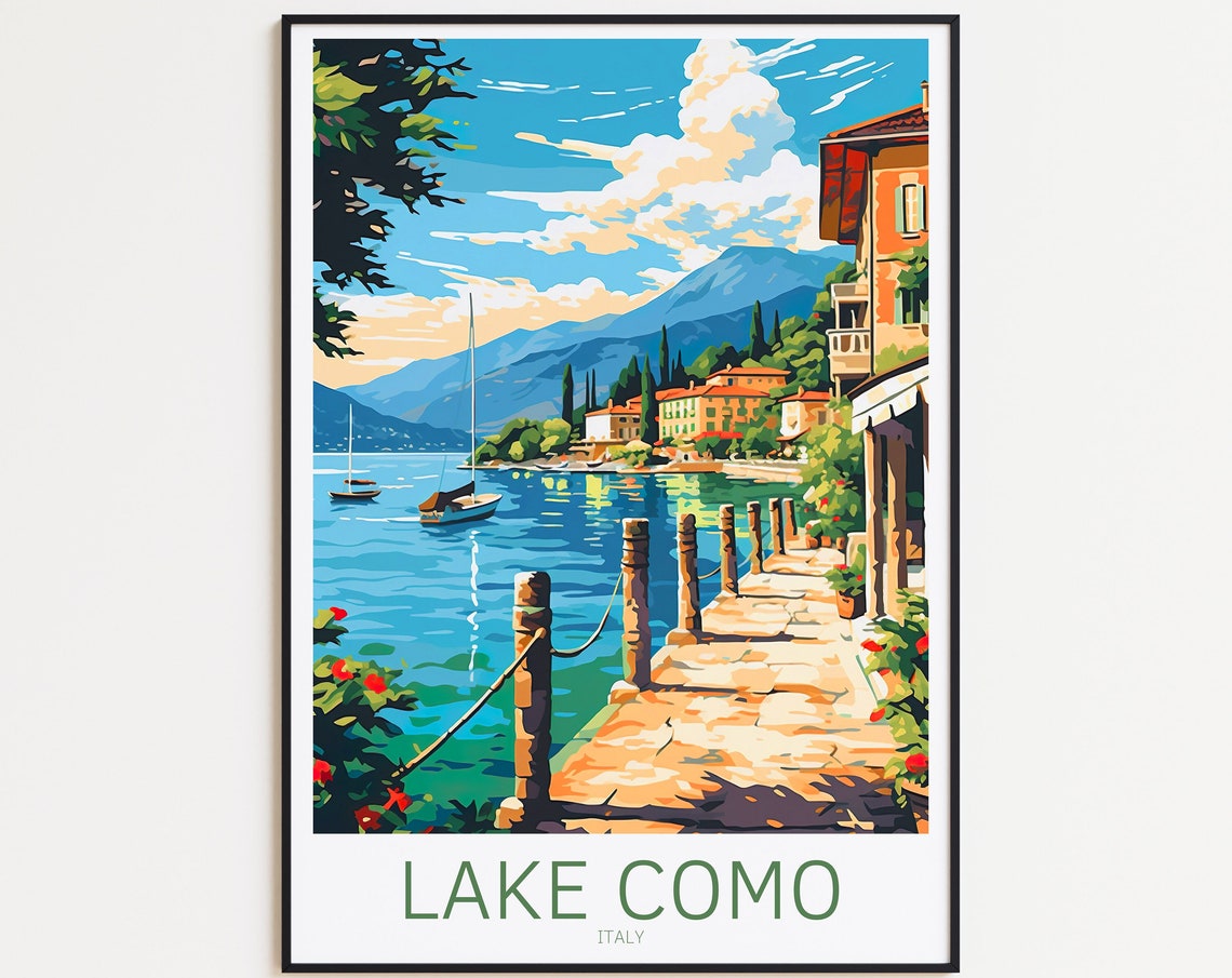 Lake Como Italy Lakeside Promenade Boats Vintage Travel Poster