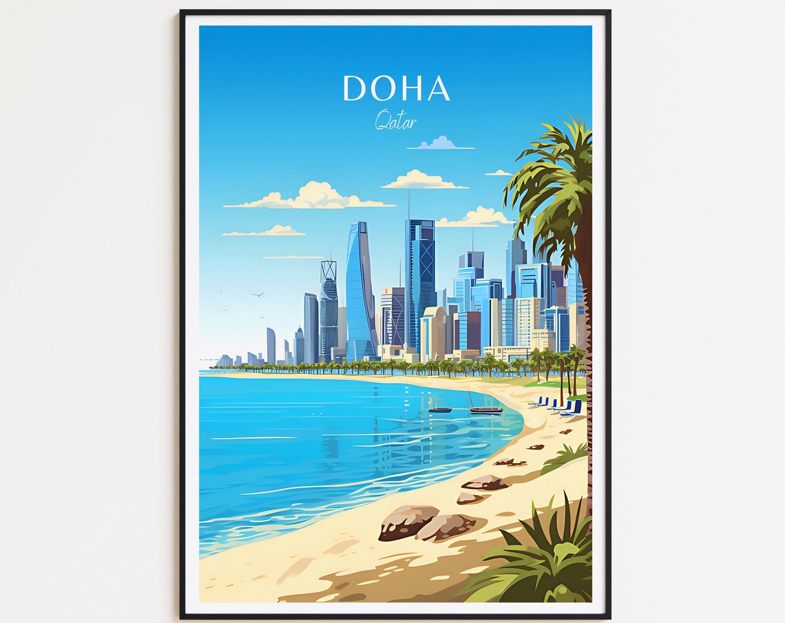 Doha Qatar Skyline Corniche Beach Modern Towers Travel Poster