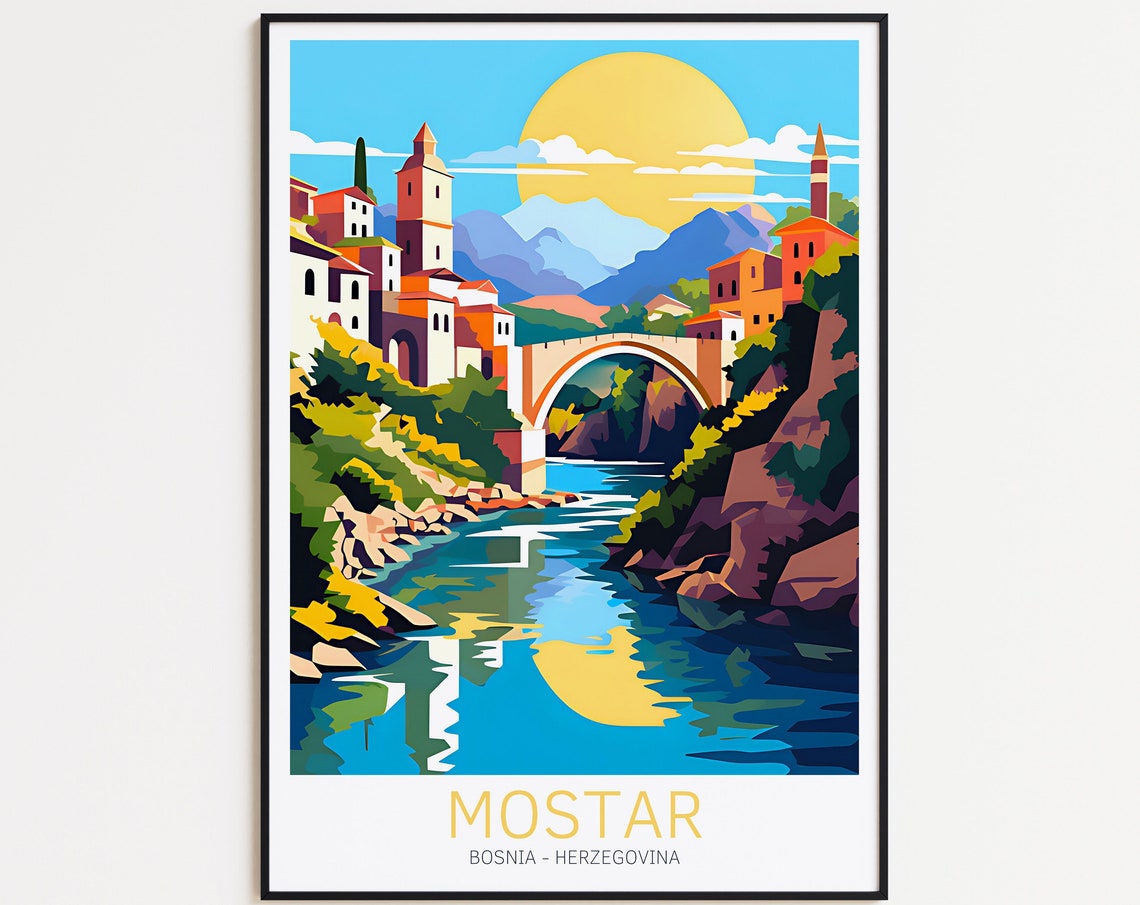 Mostar Bosnia Herzegovina Stari Most Bridge River Sunset Travel Poster