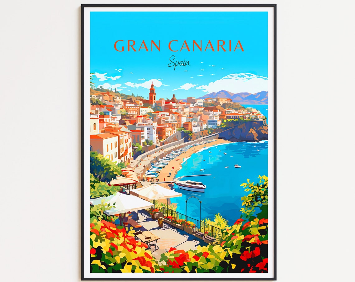 Gran Canaria Spain Coastal Town Beach Cove Vintage Travel Poster