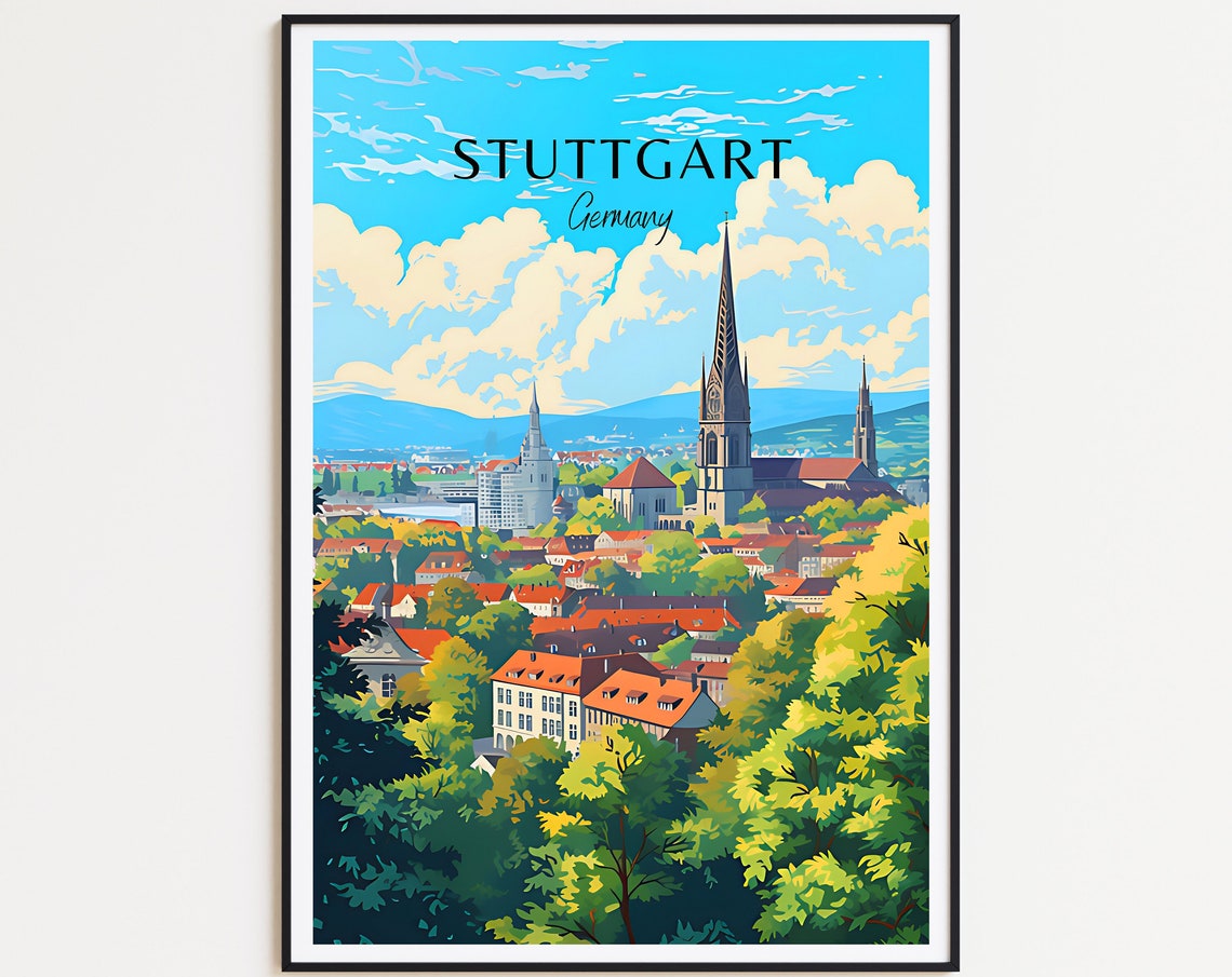 Stuttgart Germany City Towers Church Spires Illustrated Travel Poster