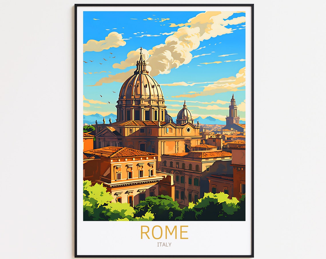 Rome Italy Saint Peters Dome Rooftops City View Travel Poster