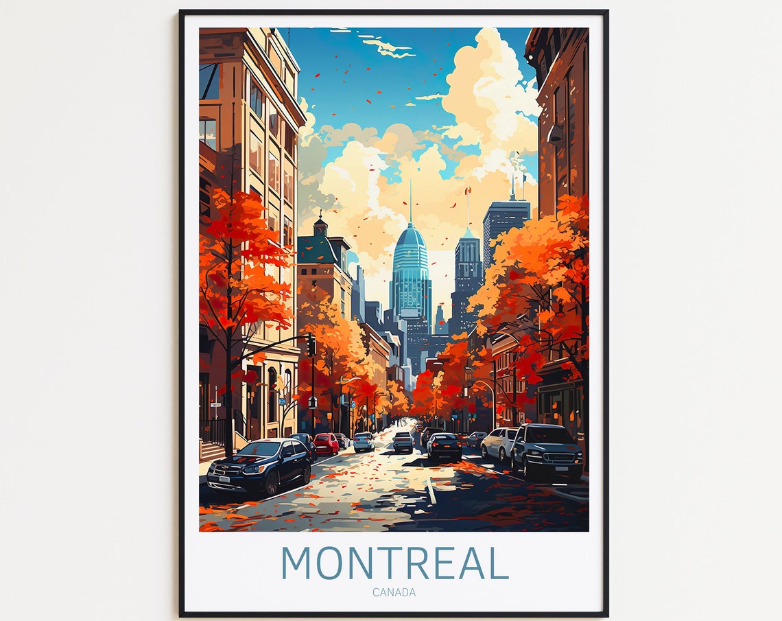 Montreal Canada Autumn Street Orange Trees Downtown City Poster