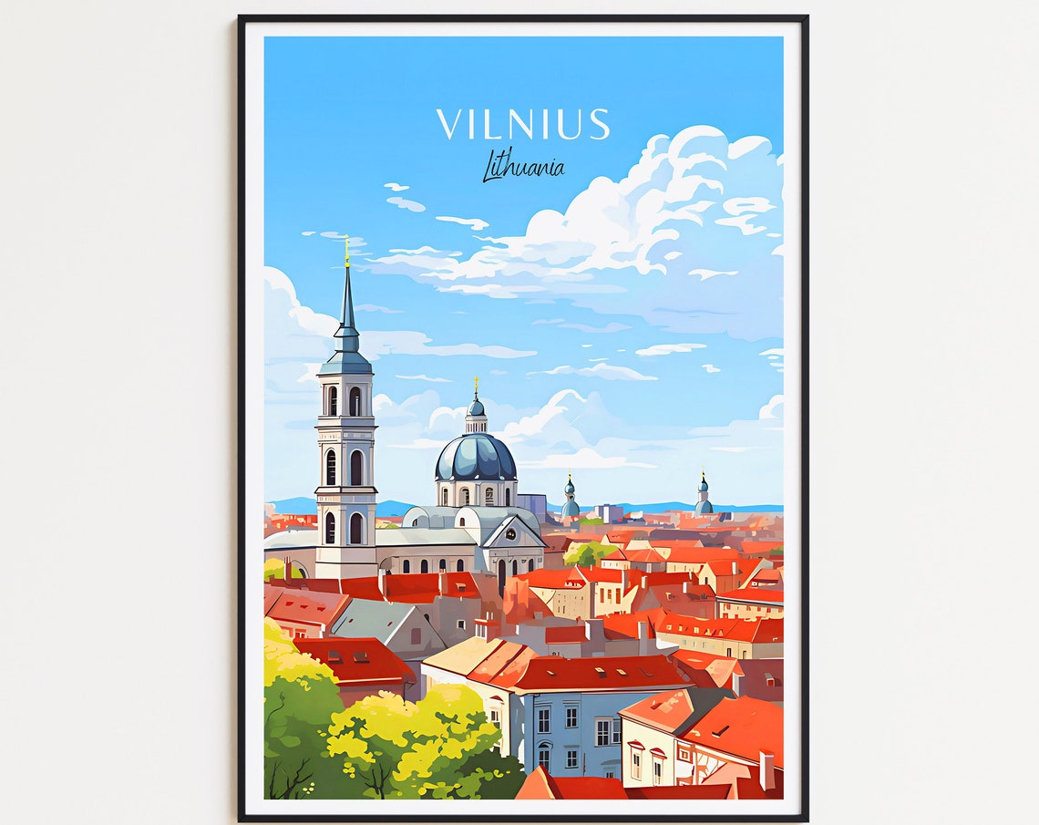 Vilnius Lithuania Old Town Cathedral Red Rooftops Travel Poster