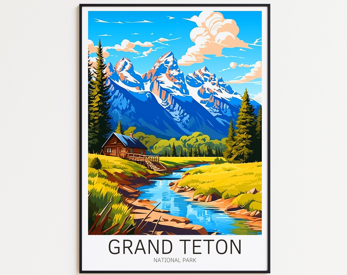 Grand Teton National Park Peaks Cabin River Vintage Travel Poster