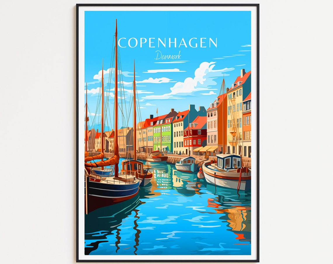 Old Copenhagen Denmark Colorful Harbor and Boats Travel Poster