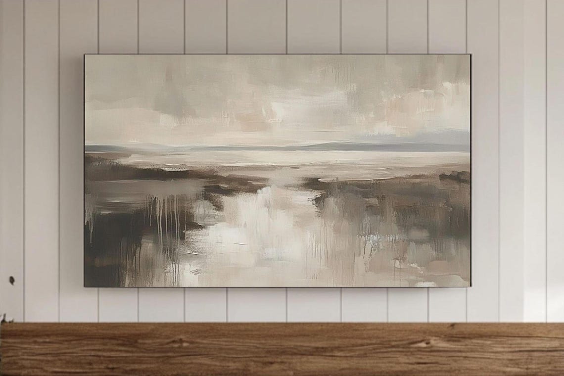 Taupe Abstract Painting With Soft Water Reflection Neutral Art Print