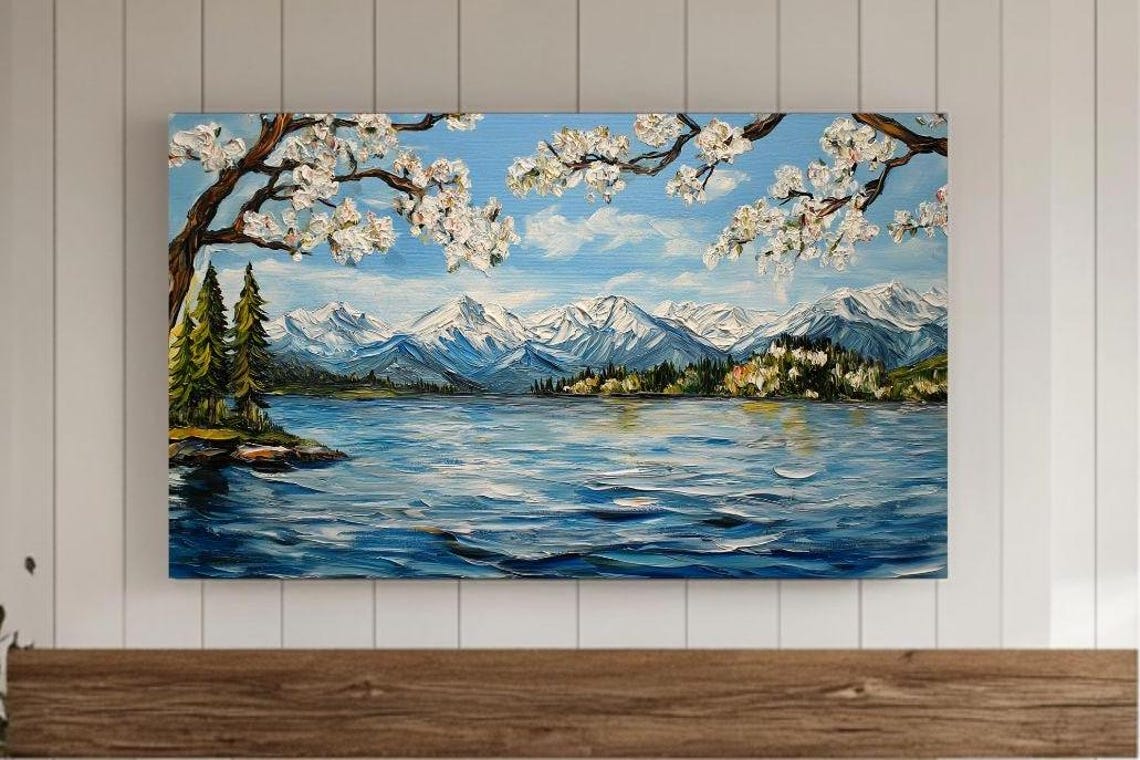 Cherry Blossom Branches Mountain Lake Snowy Peaks Flower Poster