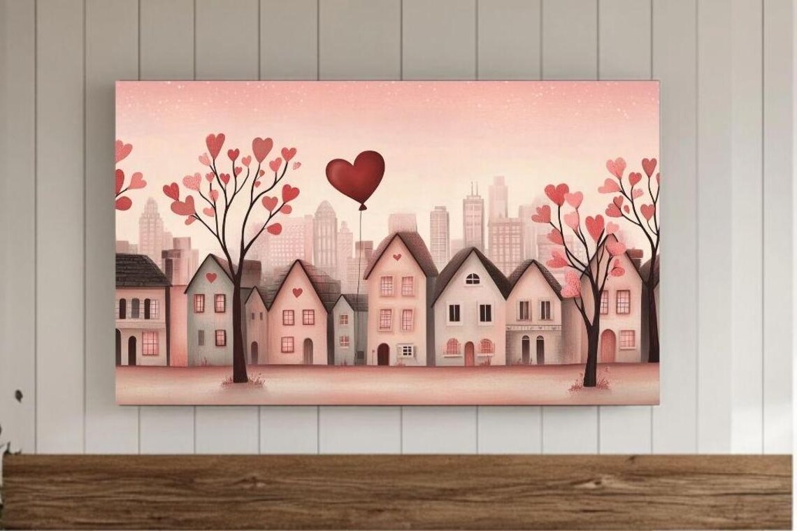 Valentine Heart Trees Village Pink Love Month Romantic Art Poster