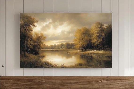 Rustic Landscape Oil Painting Frame Tv Wall Art Moody Print Countryside Screensaver Country Farmhouse Decor Samsung