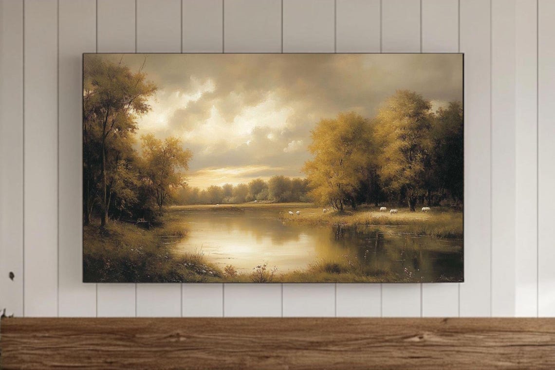 Rustic Lake With Sheep Golden Autumn Trees Oil Painting Poster