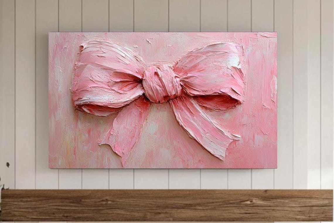 Pink Textured Impasto Ribbon Bow Painting Romantic Wall Decor Poster