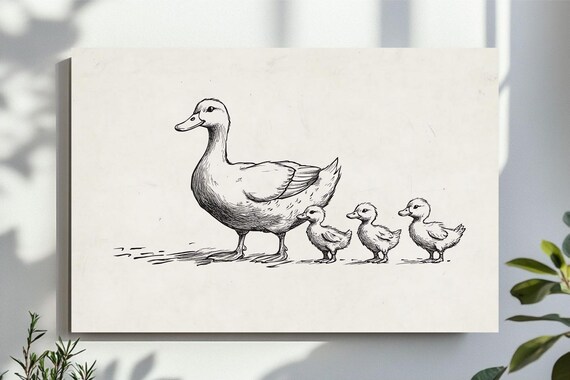 Sweet Mother Duck With Three Ducklings Minimal Line Art Poster