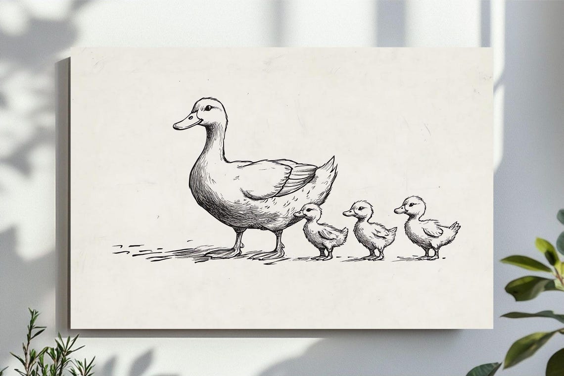 Sweet Mother Duck With Three Ducklings Minimal Line Art Poster