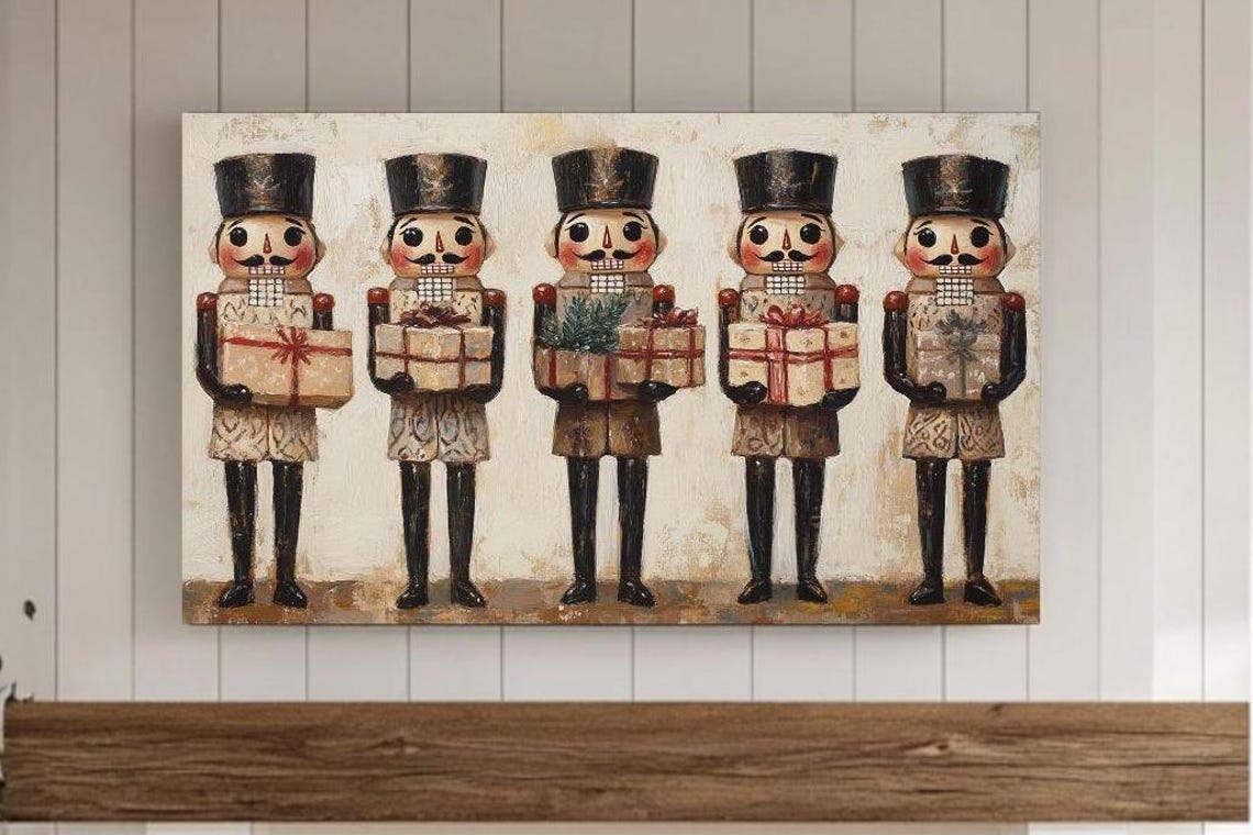 Cute Cartoon Nutcracker Soldiers Holding Gift Boxes Holiday Poster