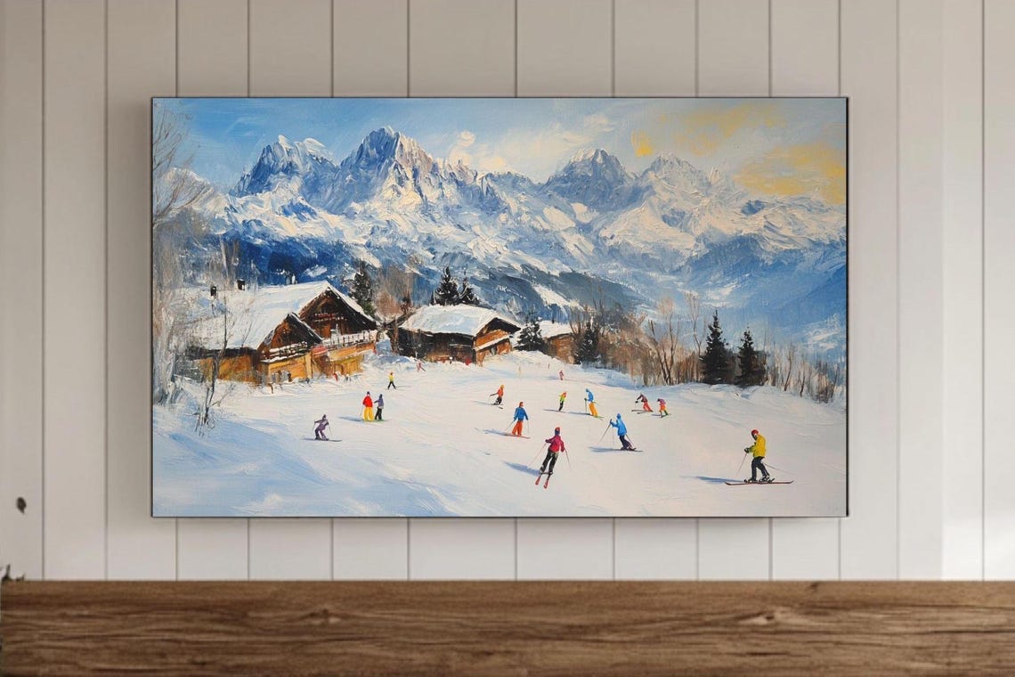 Dramatic Snowy Peaks Alpine Ski Village Chalet Scene Winter Poster