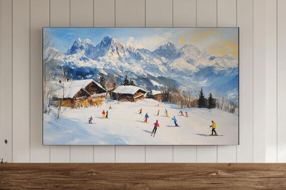 Dramatic Snowy Peaks Alpine Ski Village Chalet Scene Winter Poster