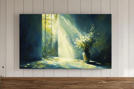 Bright Window Light Streaming White Flowers Dark Room Painting Poster
