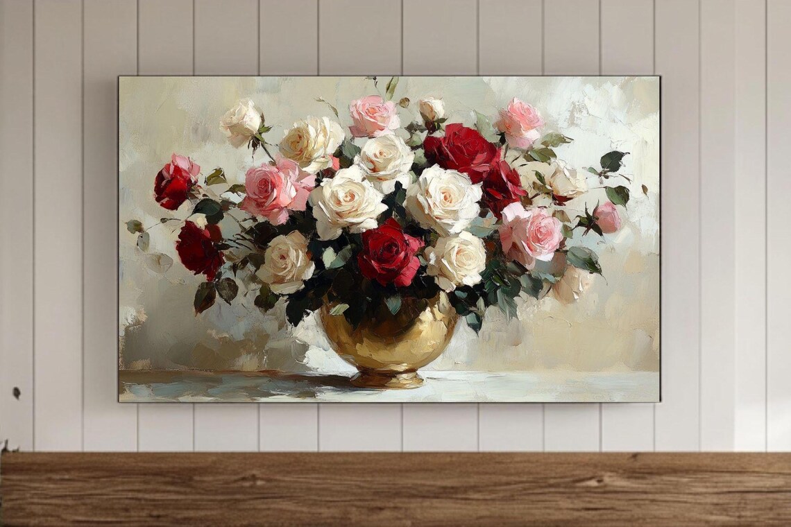 Elegant Red Pink Roses Gold Vase Floral Still Life Painting Wall Art