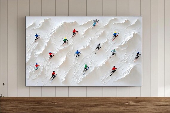 Colorful Miniature Skiers Descending White Snowy Slope Poster