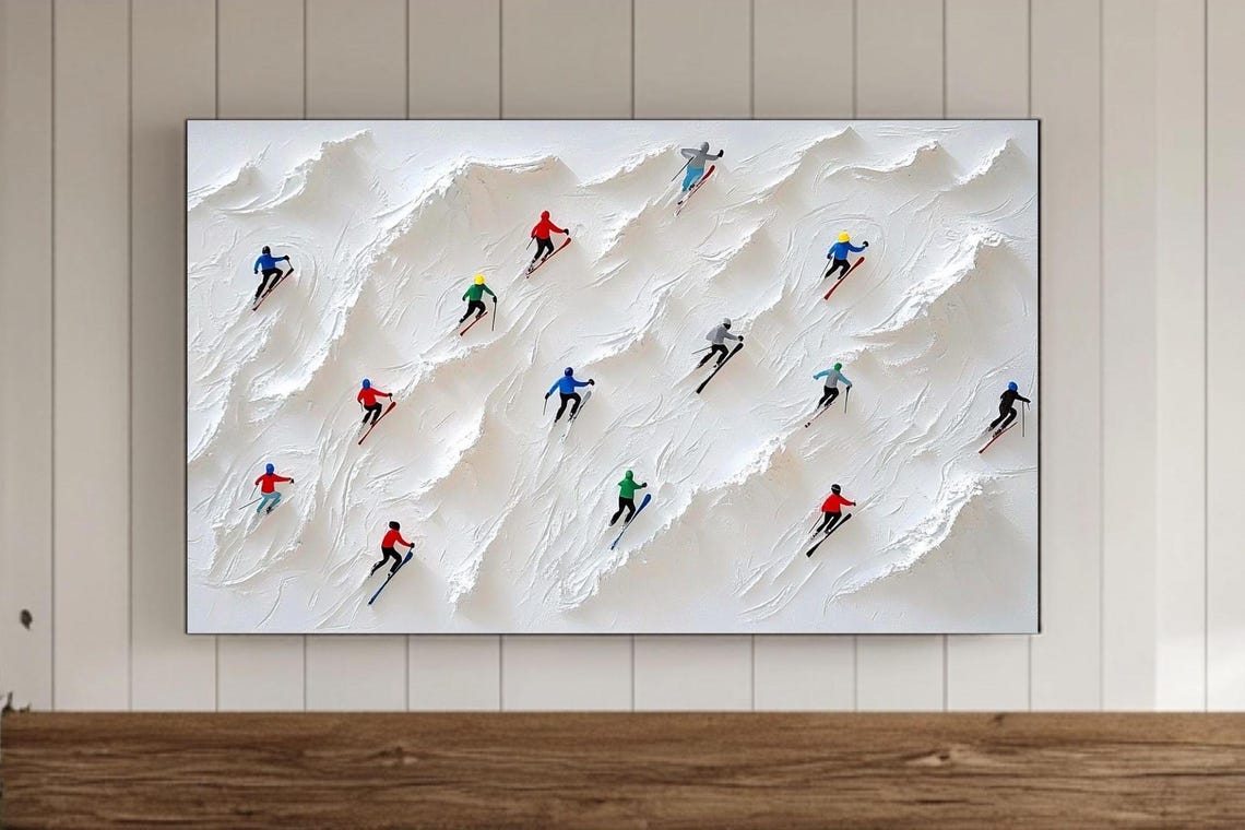 Colorful Miniature Skiers Descending White Snowy Slope Poster