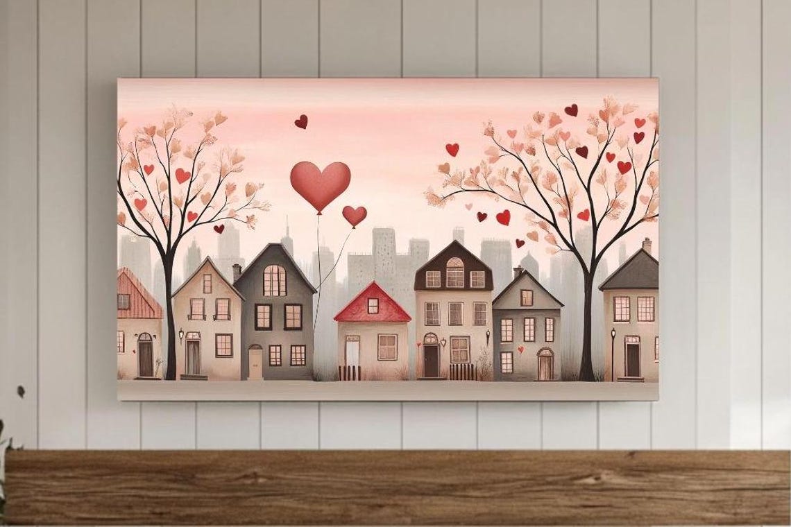 Whimsical Love Town With Heart Trees Romantic Folk Art Poster