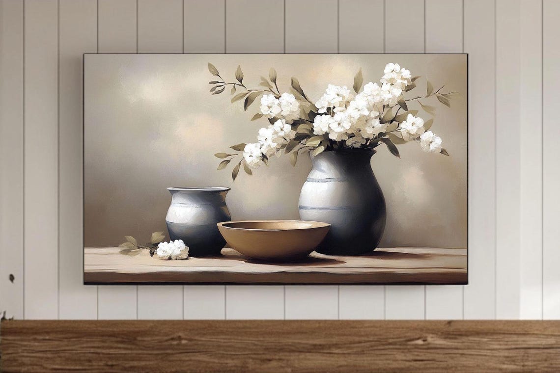 White Blossom Still Life with Ceramic Vases Vintage Pottery Art Print