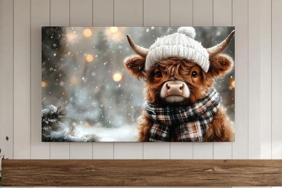 Winter Highland Cow Frame Tv Wall Art Cute Christmas Painting Animal Screensaver Snowy