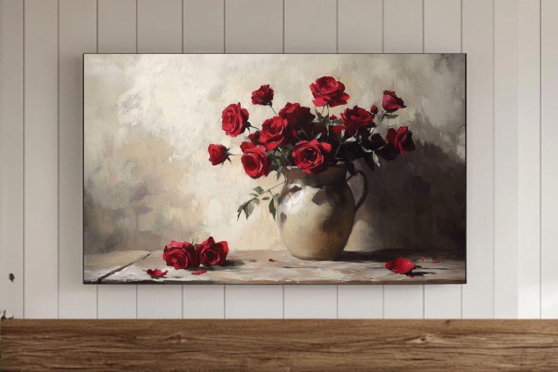Red Roses Valentines Day Samsung Frame Tv Wall Art Vintage Botanical Flowers Oil Painting Screensaver Floral Moody Farmhouse Decor Print