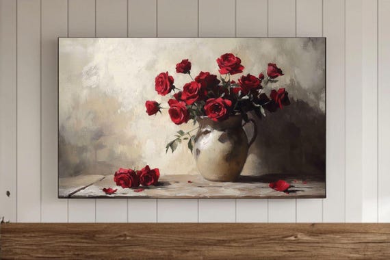 Red Roses Valentines Day Samsung Frame Tv Wall Art Vintage Botanical Flowers Oil Painting Screensaver Floral Moody Farmhouse Decor Print