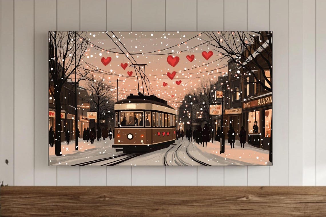 Winter Tram on Snowy Street With Hanging Red Hearts Romance Poster