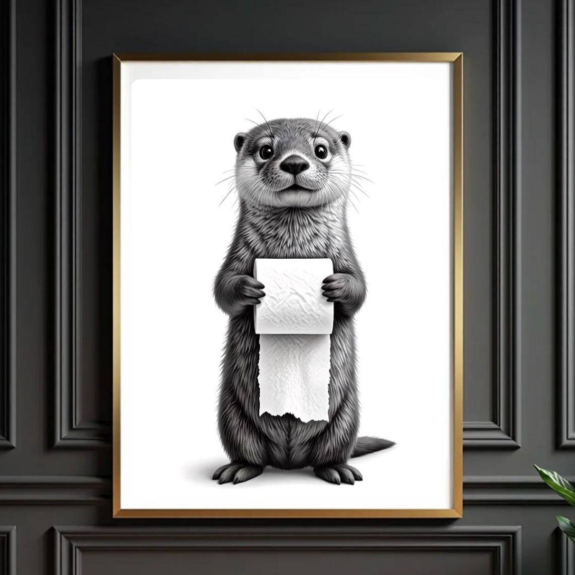 Funny Otter Bathroom Poster Black And White Animal Art