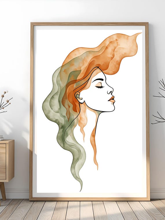 Watercolor Woman Wall Art Abstract Female Portrait With Flowing Hair Print