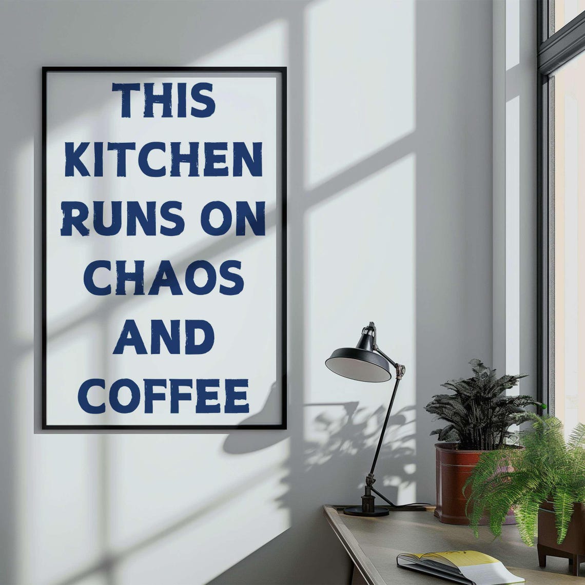 This Kitchen Runs on Chaos and Coffee Bold Black White Kitchen Poster - Image 4