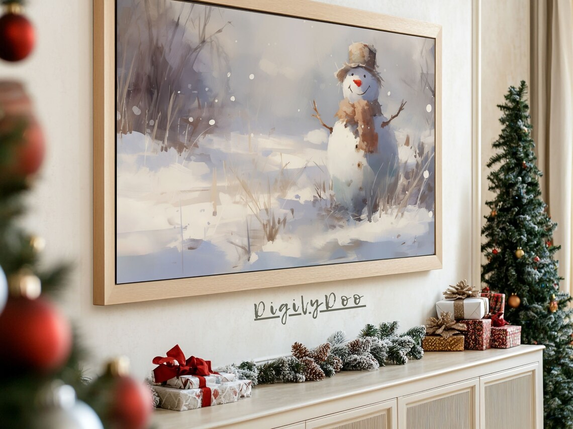 Cute Snowman Watercolor Snowy Field Winter Christmas Frame TV Poster - Image 3