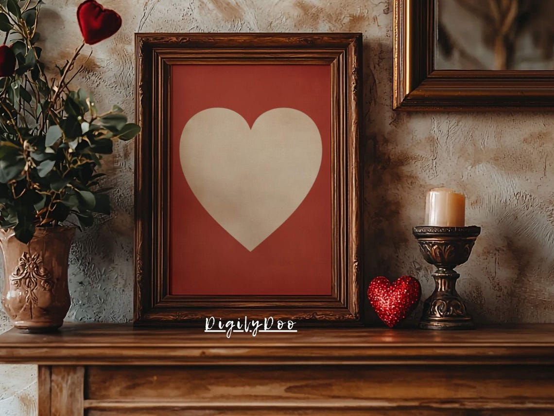 White Heart Rust Red Background Vintage Minimalist Love Poster
