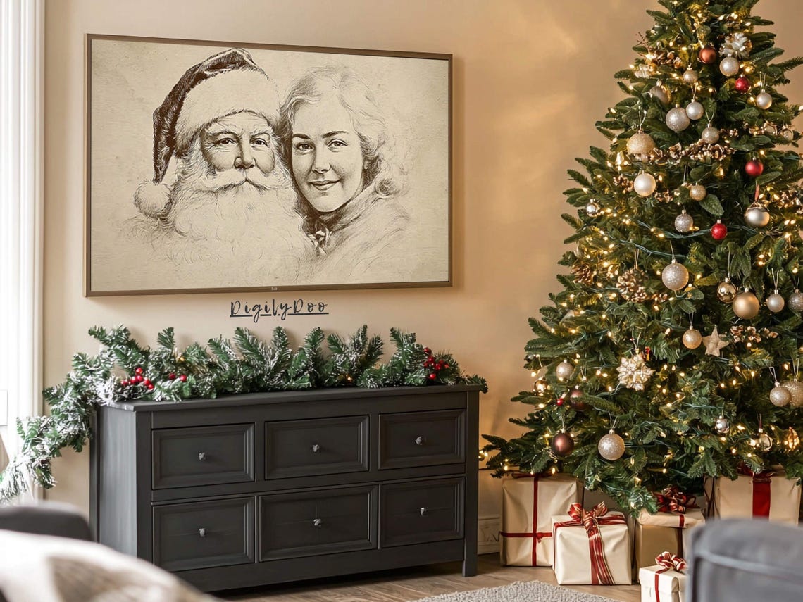 Christmas Frame Tv Art Vintage Santa Claus And Wife Tv Decor Winter Holiday Beige Pencil Portrait Drawing Tv - Image 3