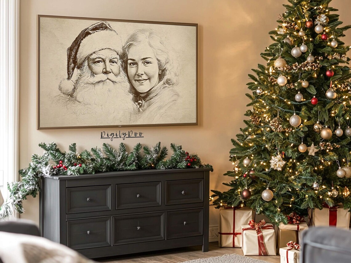 Santa Claus and Woman Vintage Sketch Portrait Holiday Drawing Poster - Image 3