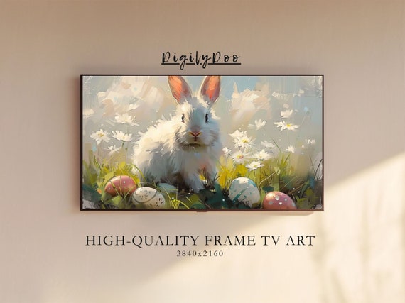 Easter Frame Tv Art Cute White Bunny With Easter Eggs Tv Art Tiny Rabbit Painting Spring Vintage Farmhouse Decor