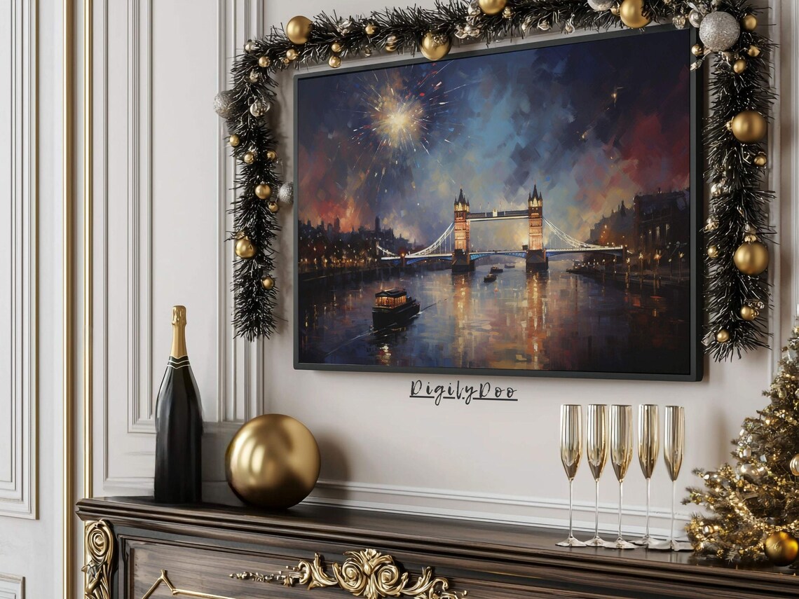 London Bridge Fireworks Vintage New Year 2025 Art Print - Image 3