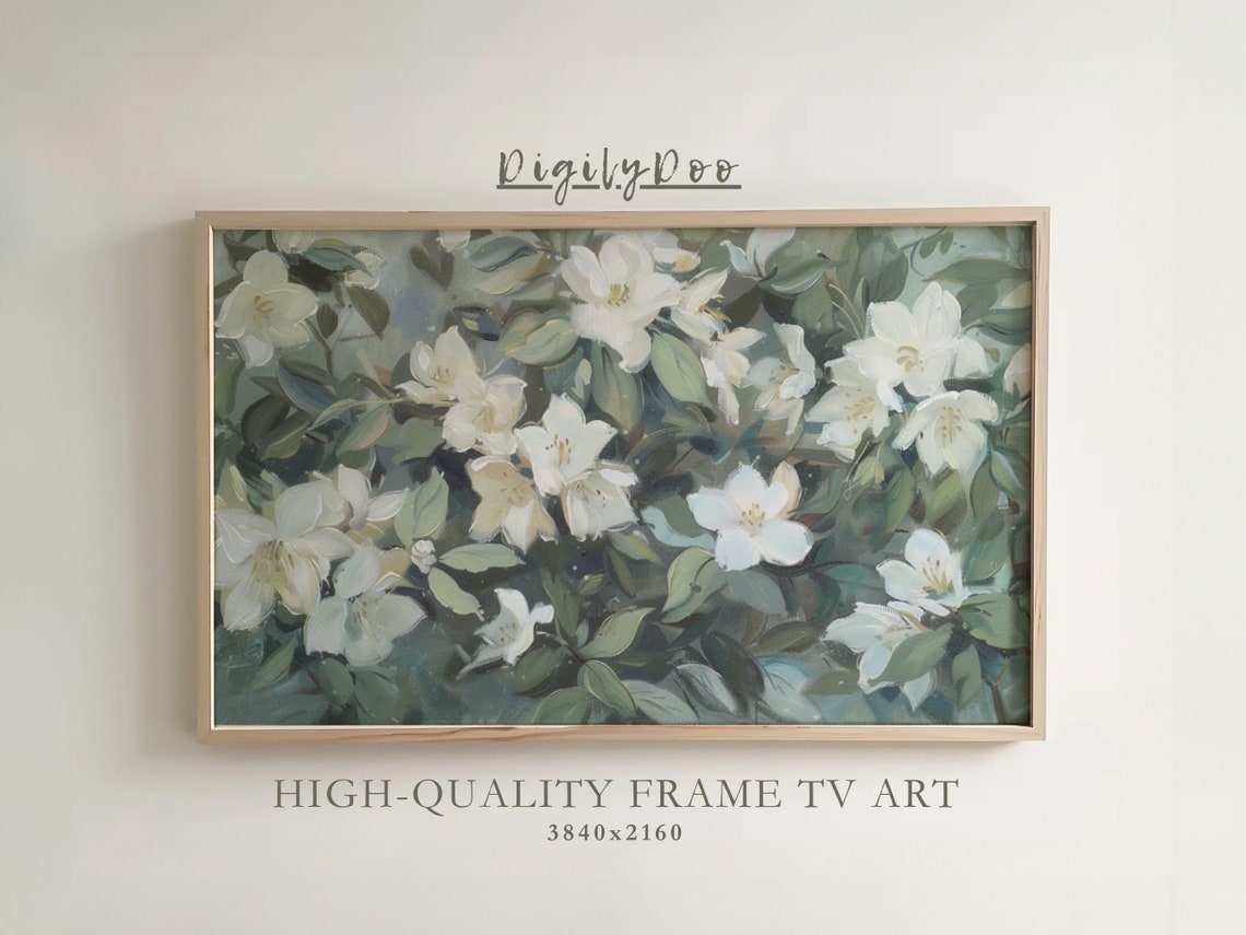 Lush White Blossoms Deep Green Leaves Floral Oil Frame TV Print
